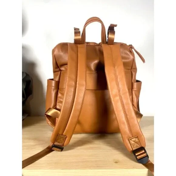 Omanmoli Brown Vegan Leather Diaper Backpack Multi Pocket Baby Bag